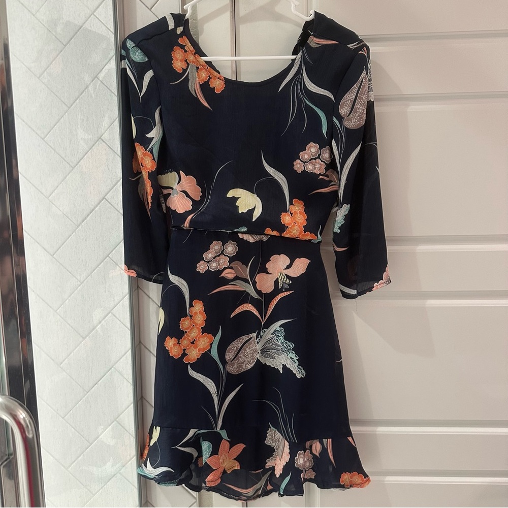 Lulus Floral Print Navy Dress Coral Orange Green Flowers Fitted Mini Dress XS
